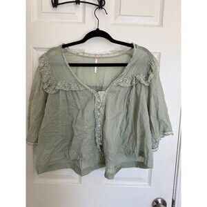 Free People People People Sage Lace Yoke Gauze Babydoll Blouse